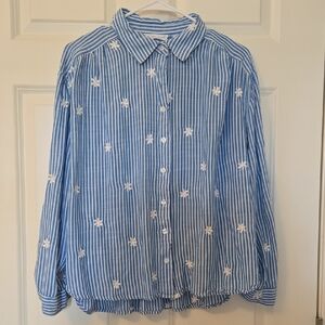 Jane and Delancey Blue Striped Blouse with White Embroidery